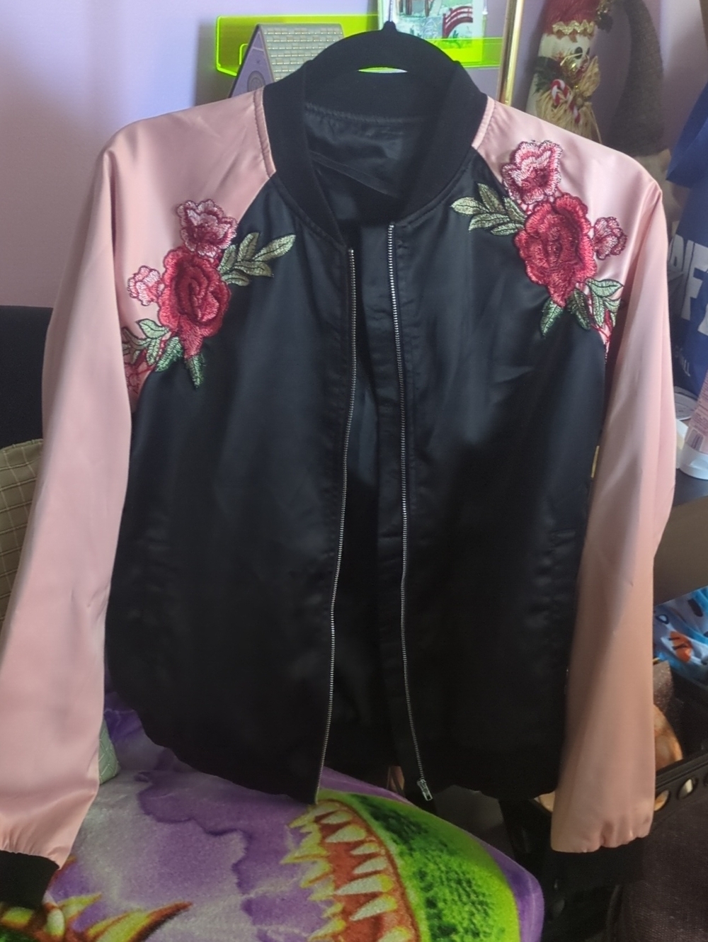 Embroidered Floral Satin Bomber Jacket - Black & Blush Pink